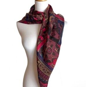 Vintage New York Studio 100% Silk Scarf Burgundy Patchwork Square Korea